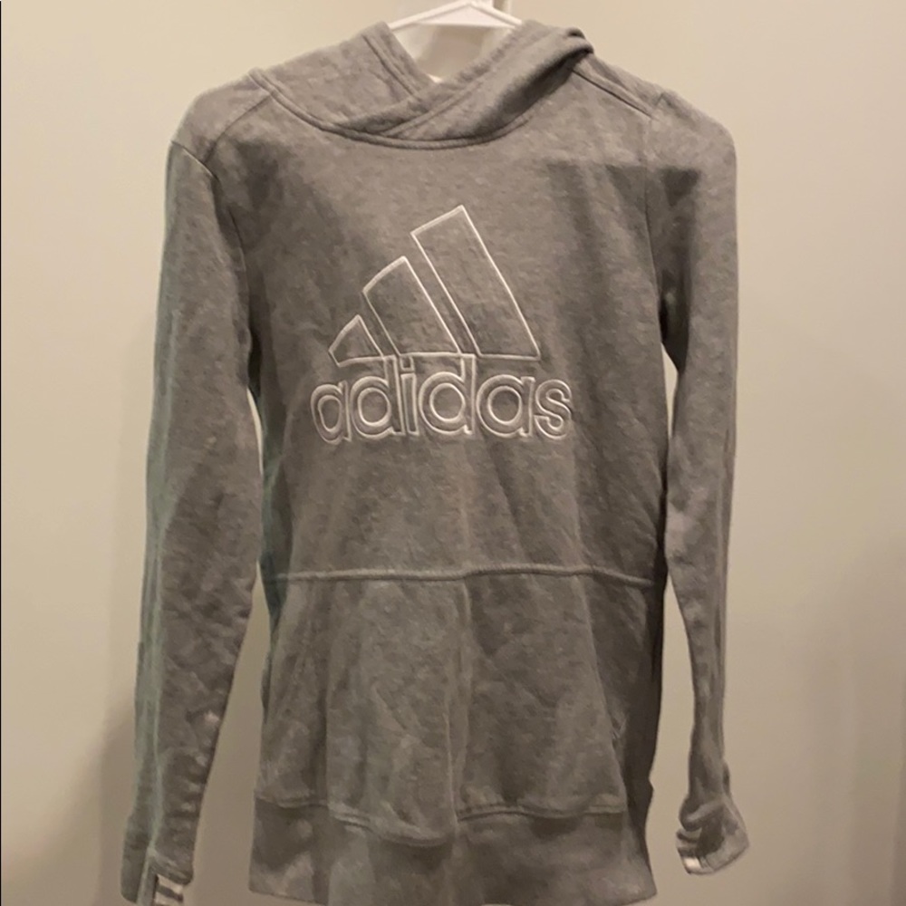 Gray adidas logo hooded pullover sweatshirt